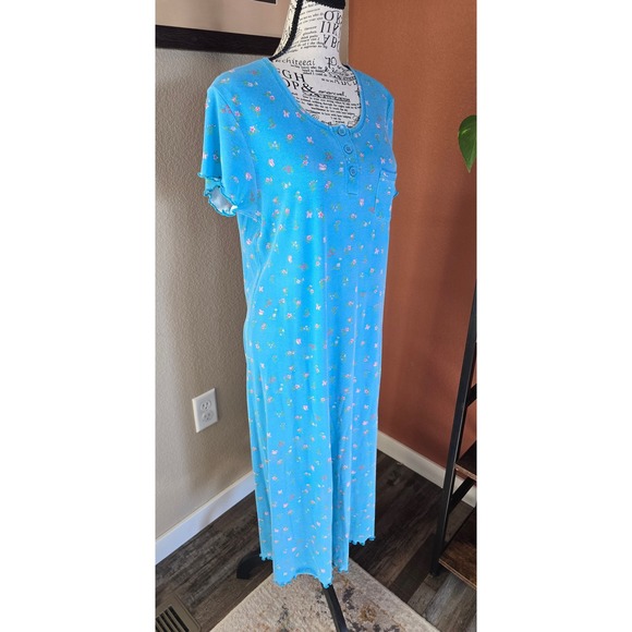 Vintage 90s Moon Dance Blue Floral Butterfly Henley Nightgown Maxi Dress M Soft - Picture 2 of 13